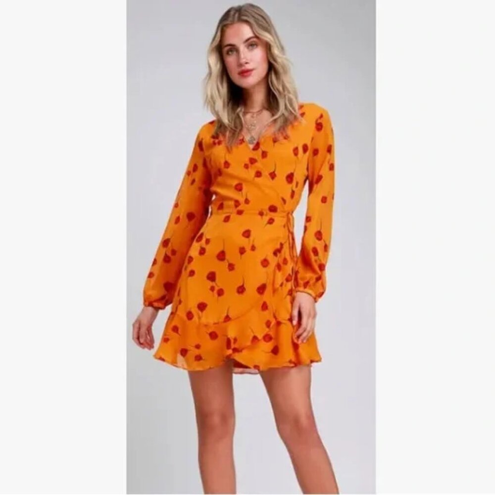 Lush Mareena Red Poppy Floral Wrap Long Sleeve Dress - Picture 3 of 12